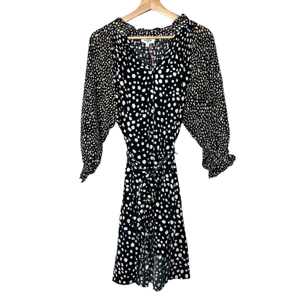 NWT Umgee Dalmatian Mixed Print Boho Sheer Smocked Balloon Sleeve Mini Dress